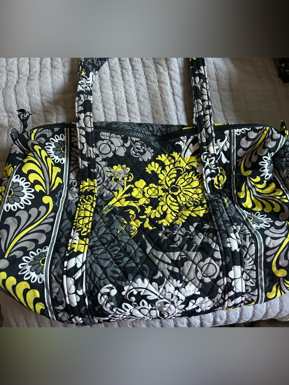 Vera Bradley Baroque Print Black, Gray & Yellow Quilted Floral Tote EUC